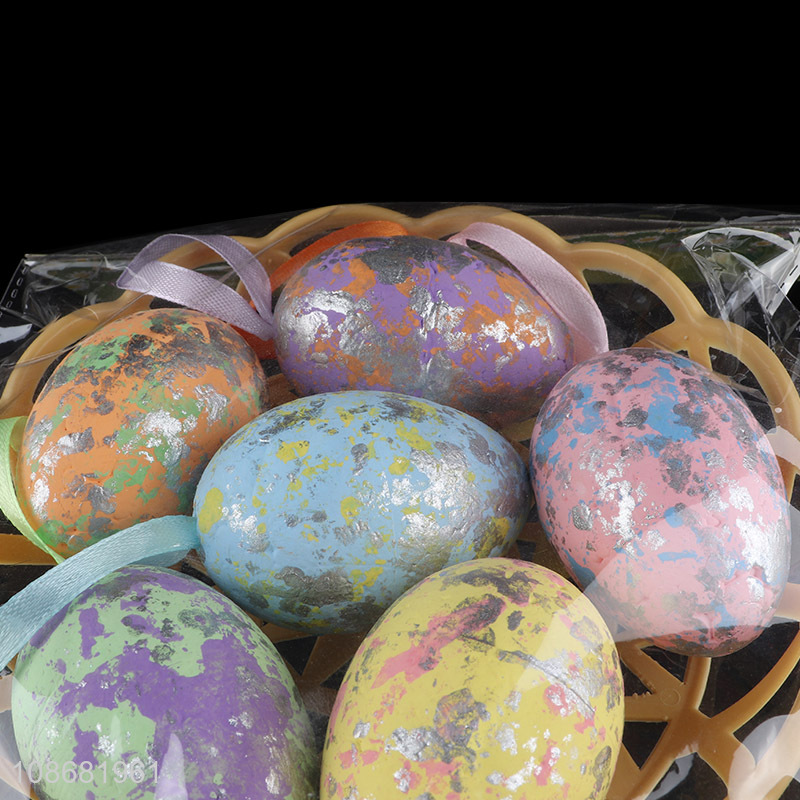 New arrival 6pcs hanging colorful foam Easter eggs with plastic basket