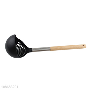 Wholesale kitchen utensil nylon cooking ladle slotted spoon with wooden handle