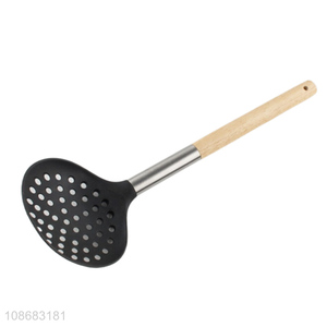 Good price non-stick nylon slotted spoon cooking skimmer with wooden handle