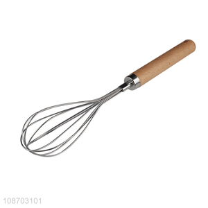 Factory wholesale stainless steel handheld egg whisk with wooden handle