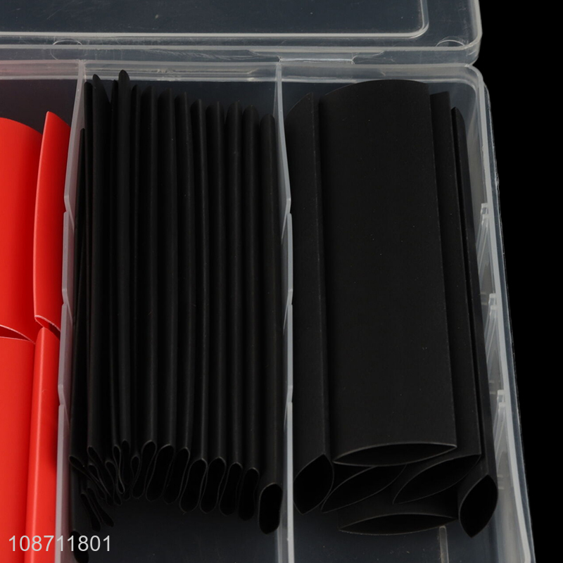 Wholesale 106pcs heat shrinkable insulation sleeves. including: black 10pcs 7.9*75mm,8pcs 9.5*75mm; 6pcs 12.7*75mm,153.2*45mm; 8pcs 4.8*45mm 6pcs 6.4*45mm; red 15pcs 3.2*45mm; 8pcs 4.8*45mm; 6pcs 6.4*45mm; 8pcs 9.5*45mm; 6pcs 12.7*45mm