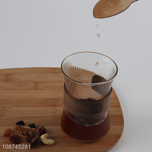 Online wholesale glass tea cup glass coffee mug with wooden cup sleeve