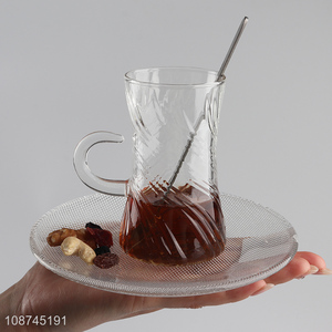 Wholesale clear engraved glass coffee mug glass tea cup with handle