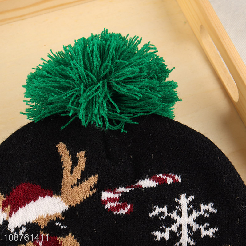 Factory supply Christmas jacquard knitted cuff beanie with pom pom