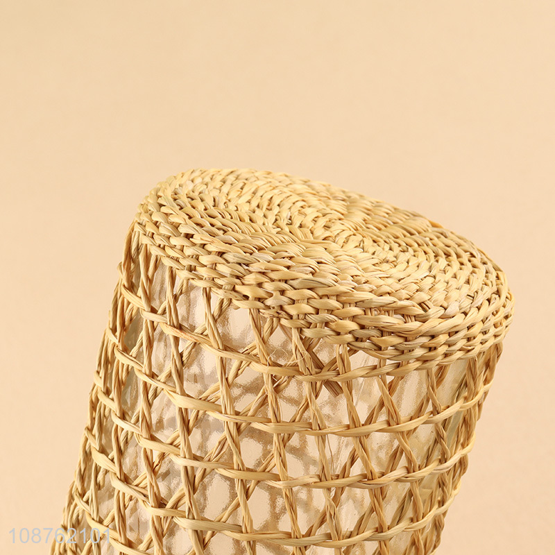 Low price straw woven glass vase for home decoration