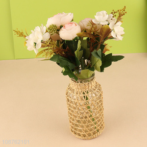 Low price <em>straw</em> woven glass vase for home decoration