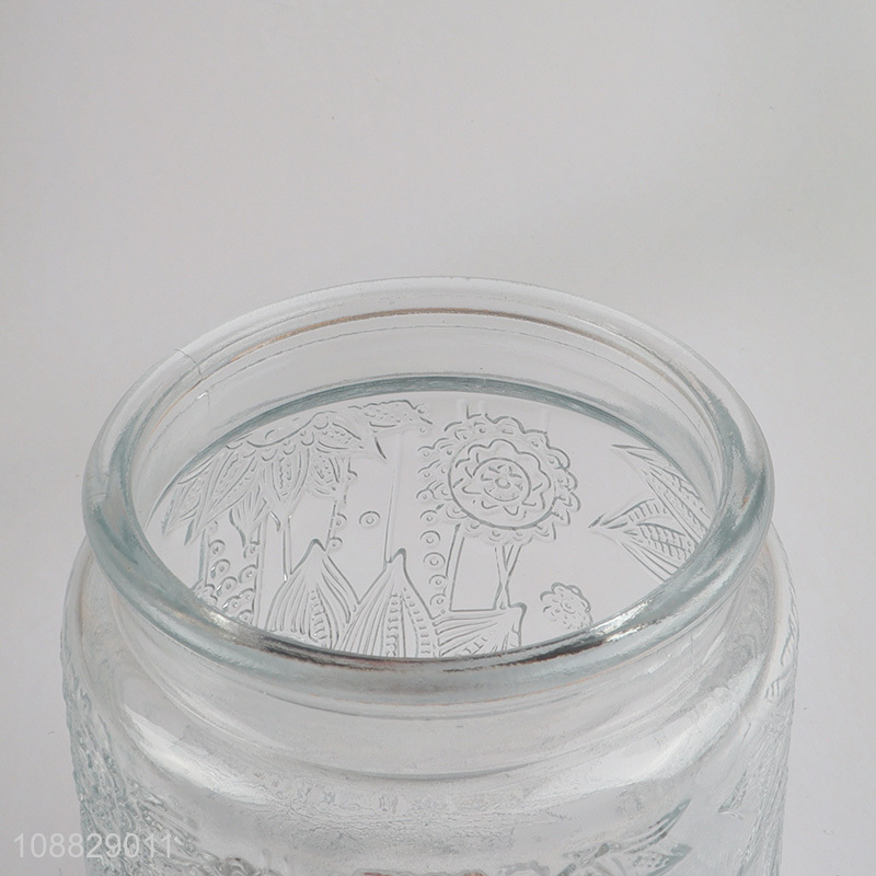 Wholesale clear flower embossed glass storage jar with airtight wooden lid