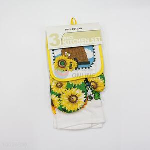 Sunflower pattern 3 pieces kitchen set/towel&oven mitt&pot holder