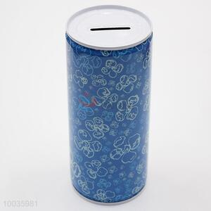 Blue Kids Iron <em>Money</em> <em>Box</em> Shaped in cylinder with Flowers Pattern