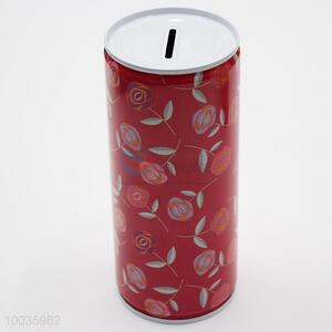 Red Kids Iron <em>Money</em> <em>Box</em> Shaped in cylinder with Flowers Pattern