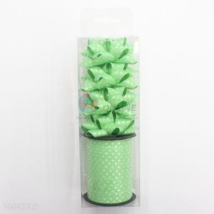 Lovely 4 Green Star Bows and one Roll of Ribbon with White Dots for Gift Package
