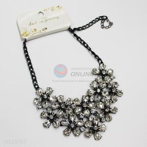 Flower shaped alloy hematite plating necklace with clear stones