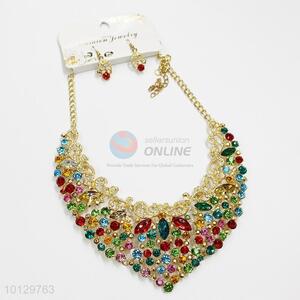 Colorful stoned gold plating statement necklace&earrings set