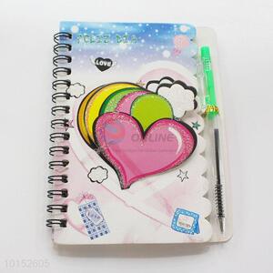 Cheap Lovely Heart Pattern Squre Shape Spiral Notebook with Pen