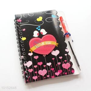 Wholesale Lovely Heart Pattern Black Spiral Notebook with Pen