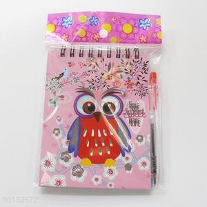 Pink Color Owl Pattern Notebook with Pen