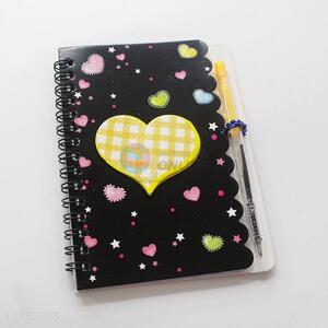 Heart Pattern Black Spiral Notebook with Pen