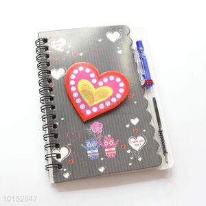High Quality Heart Pattern Black Spiral Notebook with Pen