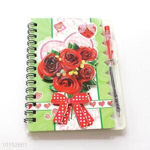 Red Rose Printed Green Spiral Notebook with Pen
