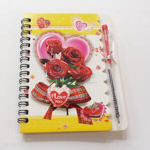 Rose Pattern Yellow Color Spiral Notebook with Pen