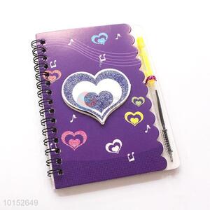 Heart Pattern Purple Spiral Notebook with Pen