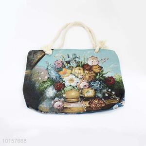 28*38cm Colorful Flower Printed Grosgrain Hand Bag with Zipper,White Twine Belt