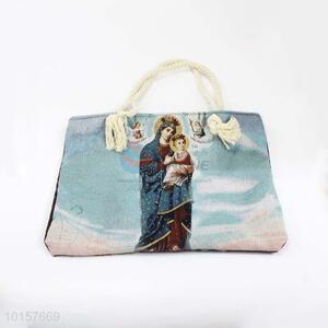 28*38cm Religious Themes Grosgrain Hand Bag with Zipper,White Twine Belt