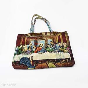 28*38cm The Last Supper Printed Grosgrain Hand Bag with Zipper,Colorful Belt