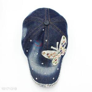 Washed Baseball Cap Butterfly Rhinestone Pattern Denim Hats