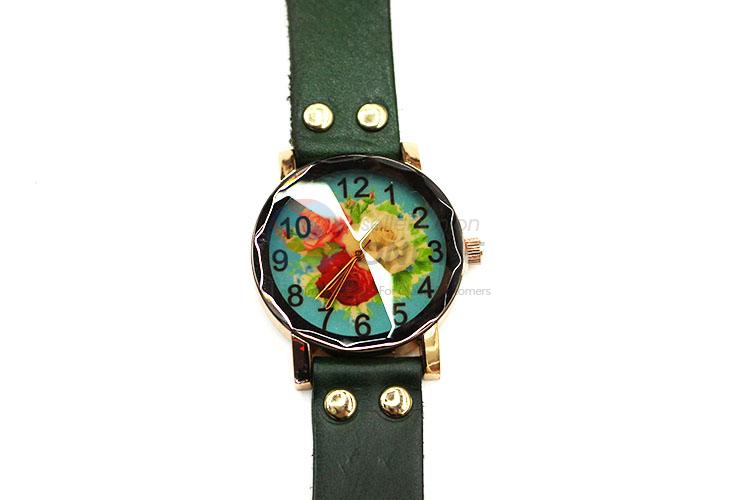 Decorative Dark Green Wrist Watch with Leathern Watchband for Sale