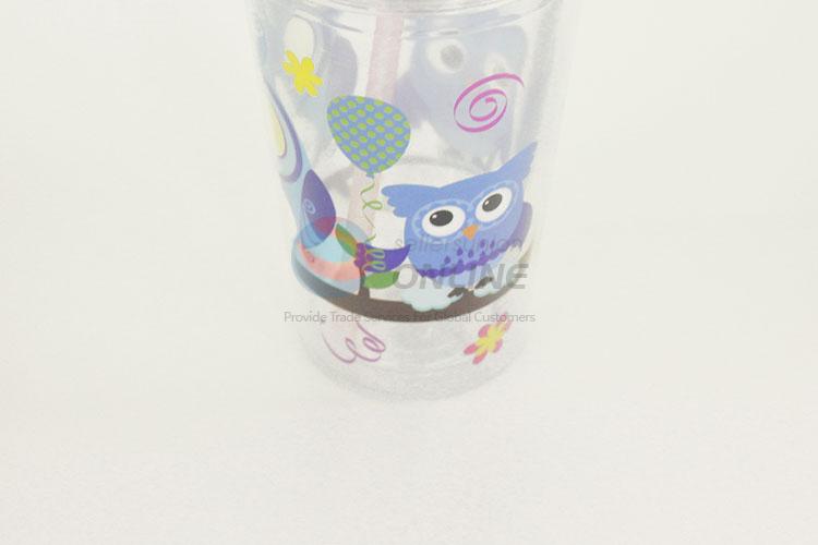 Cartoon Owl Pattern Plastic Creative Fruit Juice for Summer Water Bottles Ice Plastic Cup with Straw