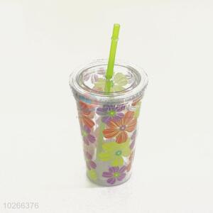 Colorful Flower Pattern Plastic Creative Fruit Juice for Summer Water Bottles Ice Plastic Cup with Straw