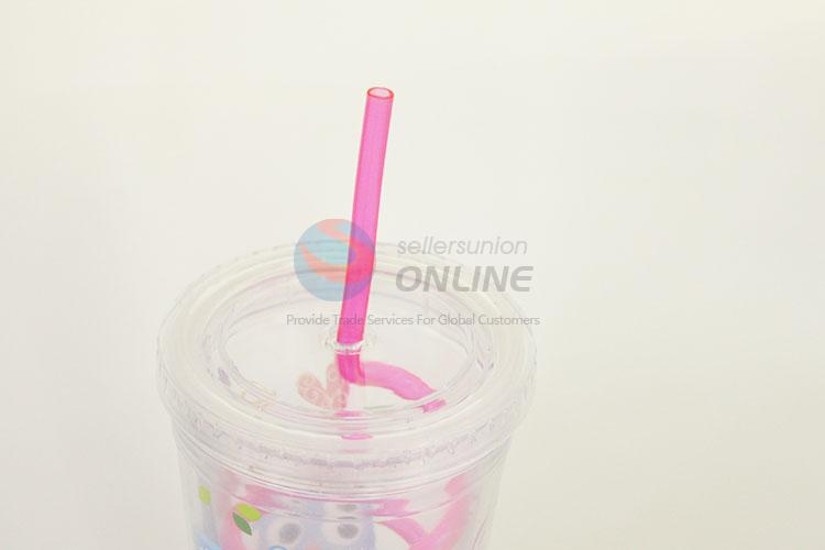 Top Selling Cartoon Owl Printed Plastic Creative Fruit Juice for Summer Water Bottles Ice Plastic Cup with Straw