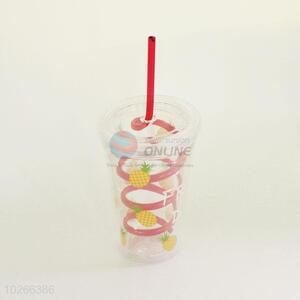 Plastic Cup with Red Crooked Straw High Temperature Cup Water Plastic Transparent Portable Pineapple Drinking Bottle