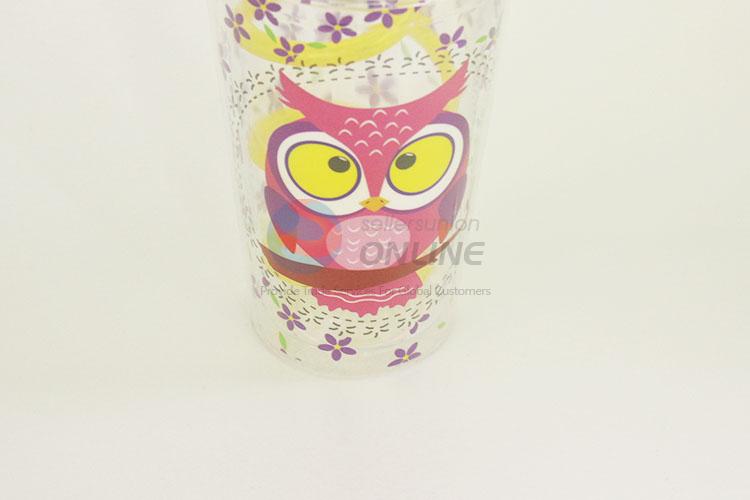 Cartoon Owl Printed Plastic Creative Fruit Juice for Summer Water Bottles Ice Plastic Cup with Yellow Straw