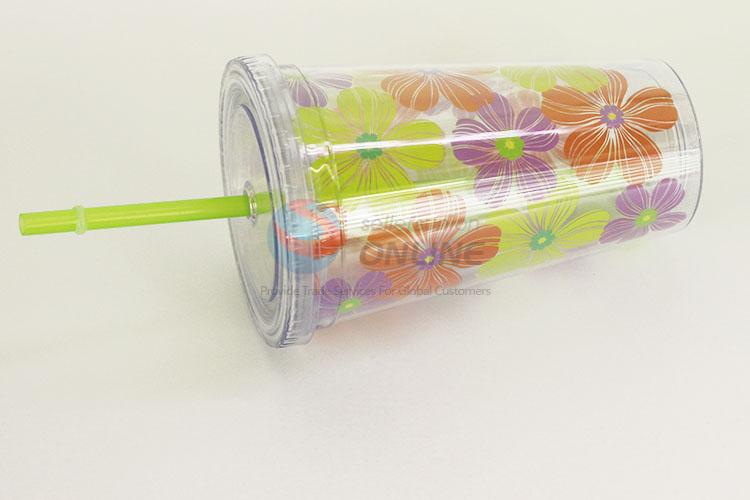 Colorful Flower Pattern Plastic Creative Fruit Juice for Summer Water Bottles Ice Plastic Cup with Straw