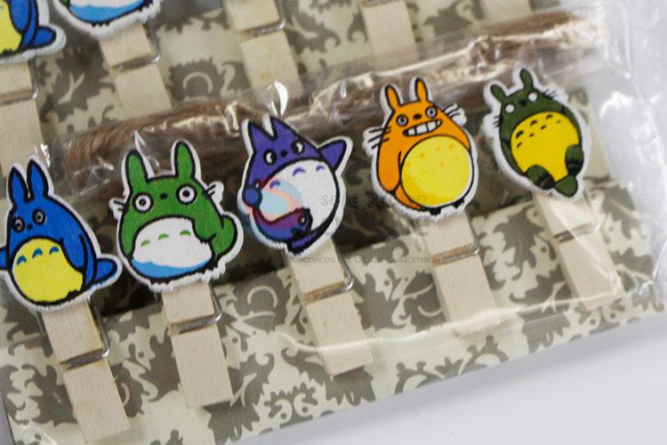 Cute Cartoon Totoro Wooden Clip Photo Paper Craft DIY Clips with Hemp Rope