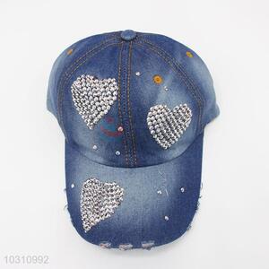 Heart Design Fashion Rhinestone Blue Color Denim Hat Caps