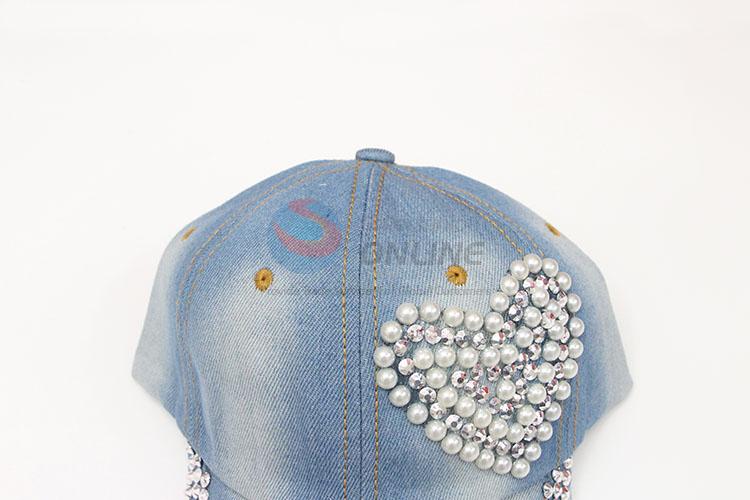 Heart Pattern Fashion Pearl Rhinestone Denim Hat Caps