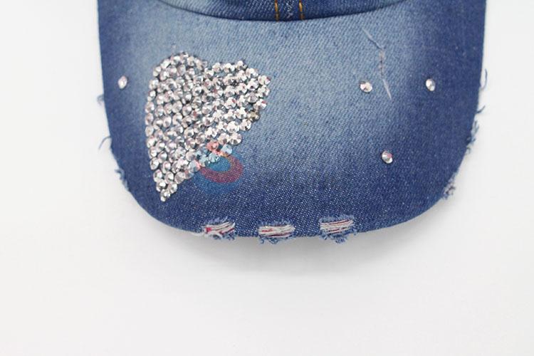 Heart Design Fashion Rhinestone Blue Color Denim Hat Caps