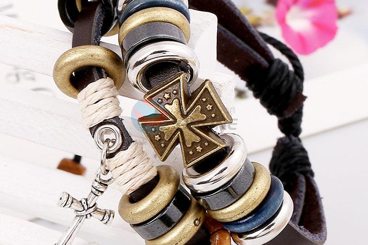 Fashion Cross Beaded Bracelet Handmade Leather Bracelet