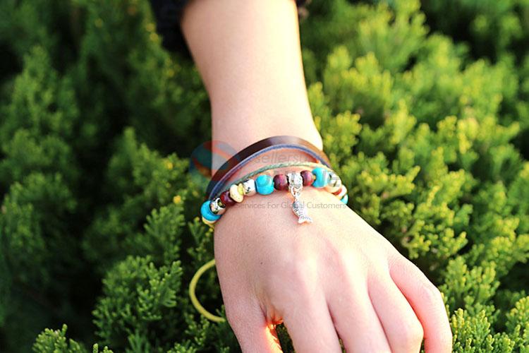 Fashion Color Beads Leather Bracelet For Adult