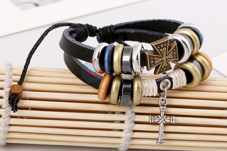 Fashion Cross Beaded Bracelet Handmade Leather Bracelet