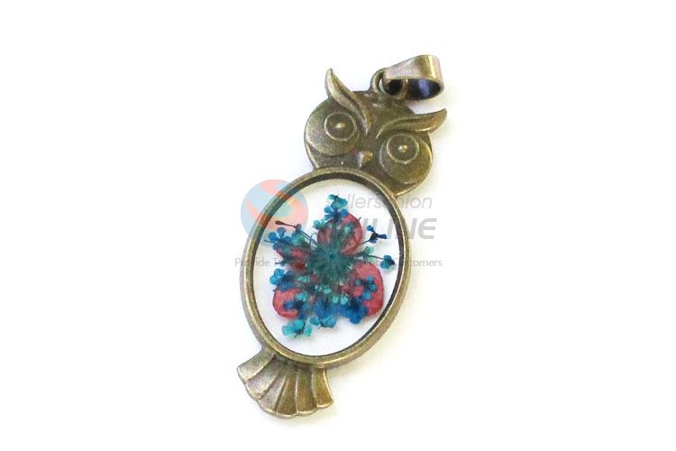 Cute Design Bronze Owl Shape Real Flower Pendant With Chain