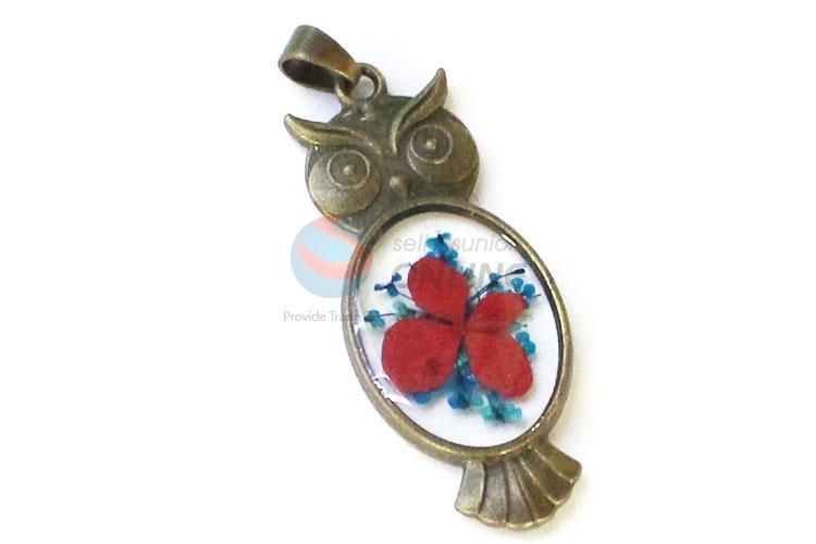 Cute Design Bronze Owl Shape Real Flower Pendant With Chain