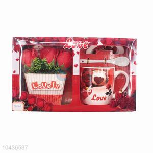 Ceramic red couple cup with fake bonsai for houseware