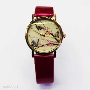 Round shaped pu leather wrist watch