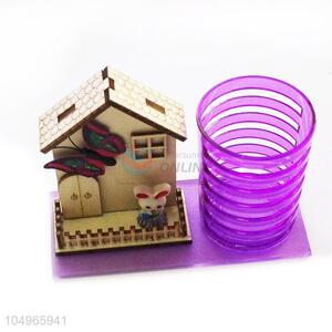 Factory Direct Supply Wooden House Model Craft with Purple Color Pen Container