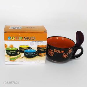 Exquisite family use ceramic soup mug with spoon