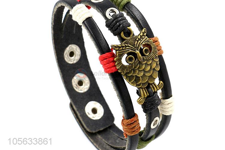 Factory OEM owl charm custom men braided leather handmade bracelet